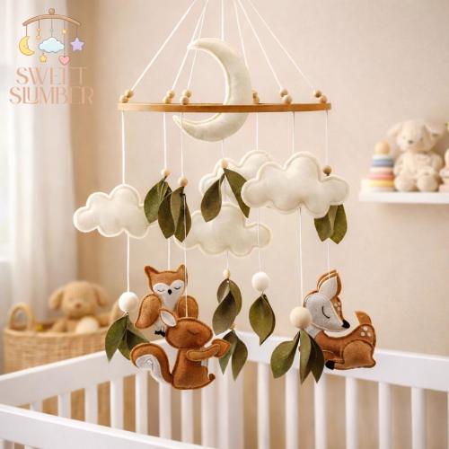 Woodland Baby Mobile | Felt Fox And Deer | Moon, Clouds & Leaves | Neutral Nursery Crib Decor