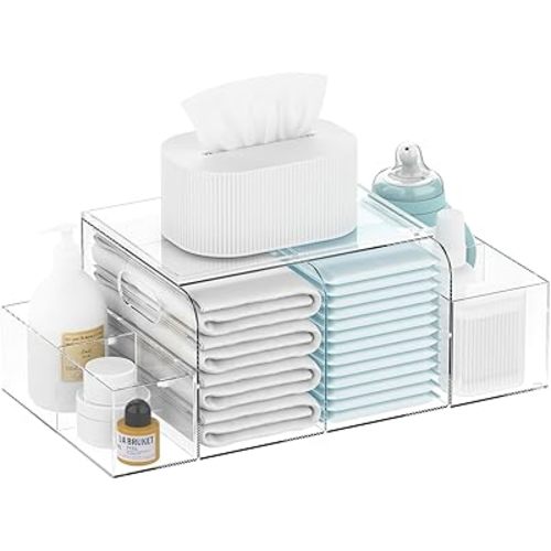 Acrylic Diaper Caddy, Clear & Detachable Diaper Stacker Holder Storage, Baby Changing Table Organizer for Baby Diapers, Wipes & Baby Accessories, Ideal for Changing Table with Spacious Capacity
