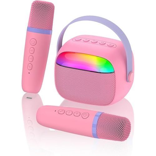 Mini Karaoke Machine with 2 Wireless Microphones for Kids Portable RGB Bluetooth Speaker Birthday Gift Toys for 3 4 5 6 7 8+ Year Old Girls Boys