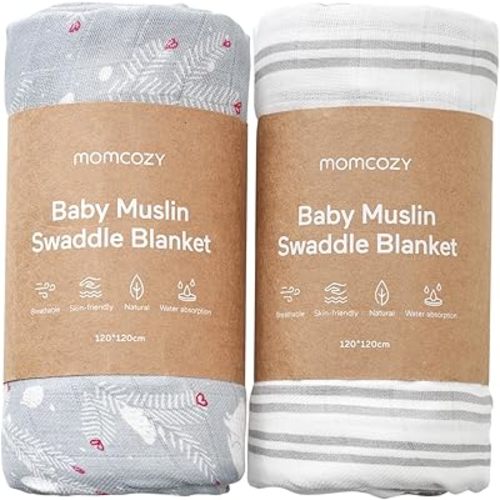 Momcozy Muslin Swaddle Blankets, Ultra Soft Neutral Swaddle Blanket, Cotton & Breathable Bamboo Derived from Viscose, Large Baby Infant Newborn Boys Girls Swaddling Receiving Blanket, Lively Rabbit