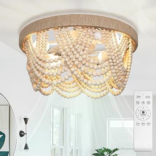 20" Boho Ceiling Fan with Light & Remote, Flush Mount Wood Beaded Fandelier Chandelier Fan, 6-Speed/3 CCT/Bladeless/Quiet DC Motor/Low Profile, for Bedroom Living Room Hallway Patio Kitchen