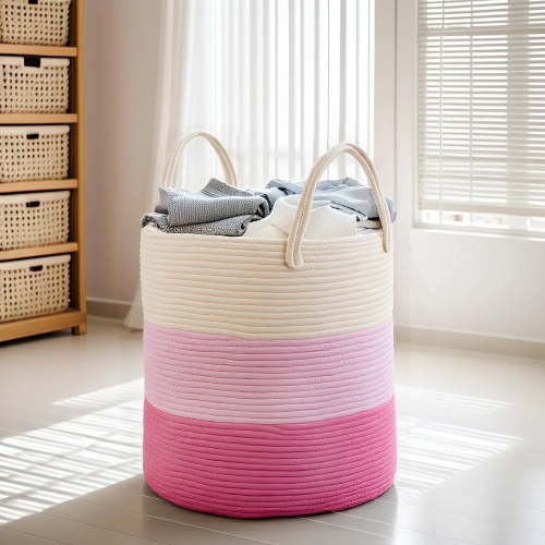 PinkSheep Laundry Basket, Collapsible Woven Cotton Rope Laundry Hamper Storage Baskets with Handles, Ivory & Pink