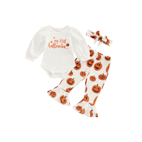 Baby Girls Halloween Outfit Long Sleeve Romper Pumpkin Flare Pants Set with Headband Clothes
