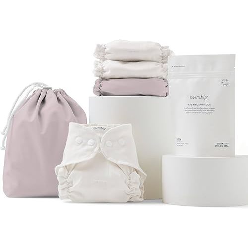Esembly Cloth Diaper Try-It Kit, Starter Gift Set, Includes 3 Organic, Reusable Diapers Inners, 1 Stylish Outer, Patented Detergent & Wet Bag - Earth-Friendly Diapering, Amethyst, Size 2 (18-35lbs)