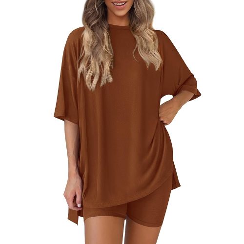 PRETTYGARDEN Women's Two Piece Lounge Set 2025 Summer Casual Oversized Shirts Biker Shorts Matching Airport Travel Outfit