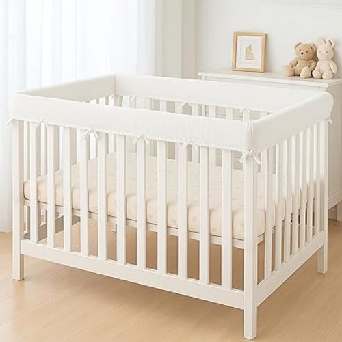 4 in 1 Crib Rail Covers for Teething,Soft Breathable Muslin Cover,Crib Rail Guard, Anti-Collision Strip Corner Cover, Crib Teething Cover, Rail Edge Protector Strip, 4 Pcs, White