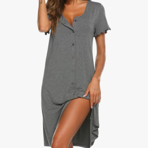 Ekouaer Women's Nightshirt Short Sleeve Button Down Nightgown V-Neck Sleepwear Pajama Dress