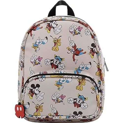 Disney Mickey, Minnie, & Friends Mini Backpack with Allover Print & Molded Iconic Mickey Pants Dangle, 10.5 Inches, Adjustable Straps, Faux Leather