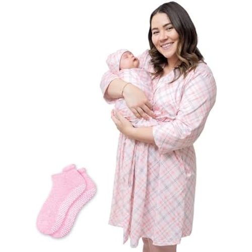 Mommy & Newborn Outfit Set, 4 Piece Set Includes Nursing Robe, Mom Sock, Swaddle Blanket and Matching Baby Hat