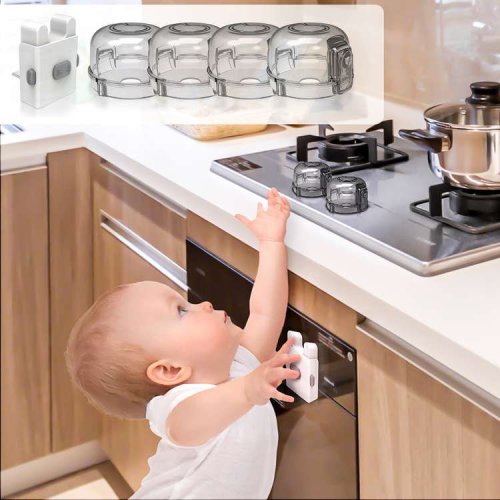 WeGuard Baby Proofing Kit 4 Pack Stove Knob Covers + 1 Pack Oven Locks in Baby Kitchen Safety Guard No Drill