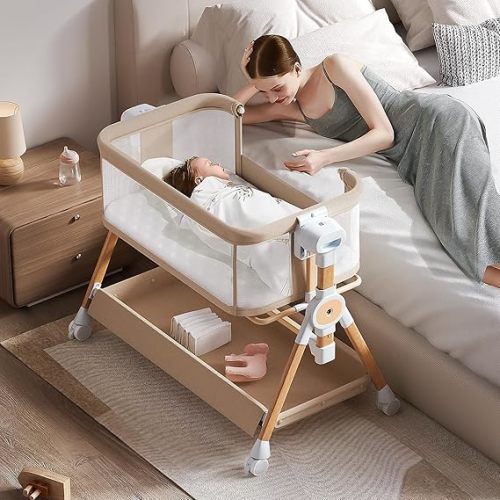 Baby Bassinet,Bedside Bassinet for baby, Rocking bassinet with Storage Basket and Wheels, Adjustable 6 Heights and All Mesh Sides,Portable Babys Bassinets Bedside Sleeper for Newborn Infant