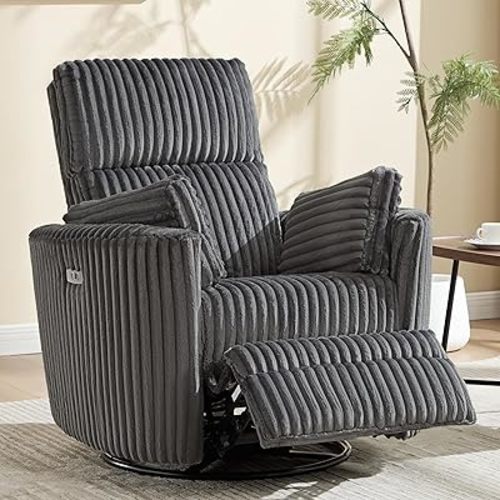 Power Recliner,Nursery Swivel Glider Rocking Chair with USB Port,Upholstered Adult Electric Recliner Rocking Chair with 2 Pillows for Living Room Bedroom (Darkgrey Corduroy, Power-Driven)