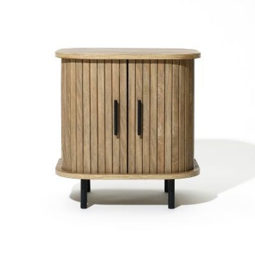 LuxenHome Mid-Century Modern 2-Door Nightstand and End Table with Slatted Slidng Doors Brown