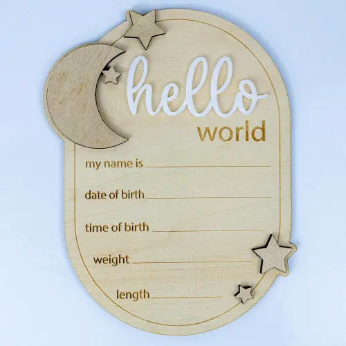 Baby Announcement Sign Star, 6.5 Inch Wooden Hello World Newborn Welcome Sign Birth Baby Name Plaques for Photo Props Baby Shower Hospital Nursery (A62)