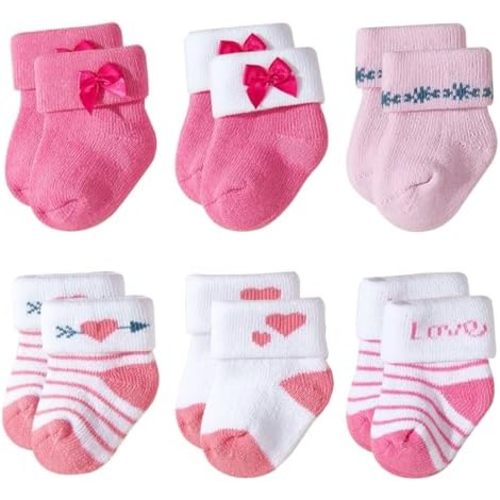 Meeshine 6 Pack Newborn Baby Socks Thick Turn Cuff Fun Essential Terry Cotton Rich Infant Socks for 0-12 Unisex Girls Boys