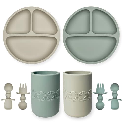 Hippypotamus Silicone Baby Feeding Set - Suction Toddler Plates, Weighted Toddler Cups & Baby-Safe Utensils - 100% Pure Food Grade Silicone - Set of 2 (Sage/Sand)