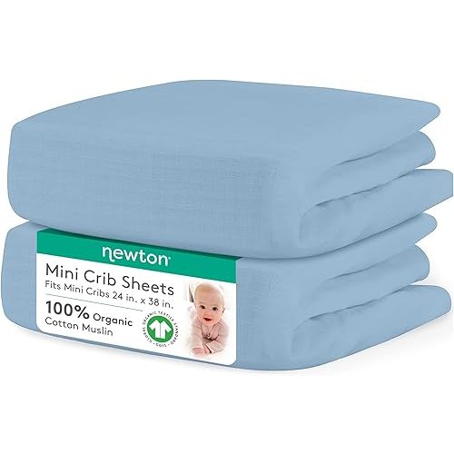 Newton Baby Mini Crib Sheets (2-Pack) | Organic Muslin Cotton, Ultra Breathable & Soft Baby Sheets, Machine Washable Baby Mattress Sheets, Fits Any Mini Sized Crib 24" x 38", Sky Blue