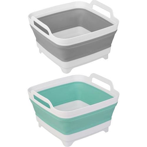 Tiawudi 2 Pack Dishpan for Washing Dishes, Wash Basin with Draining Plug Carry Handles, Collapsible Bucket for Cleaning, Portable Sink, Foldable Plastic Tub, 2.4Gal/9L Each