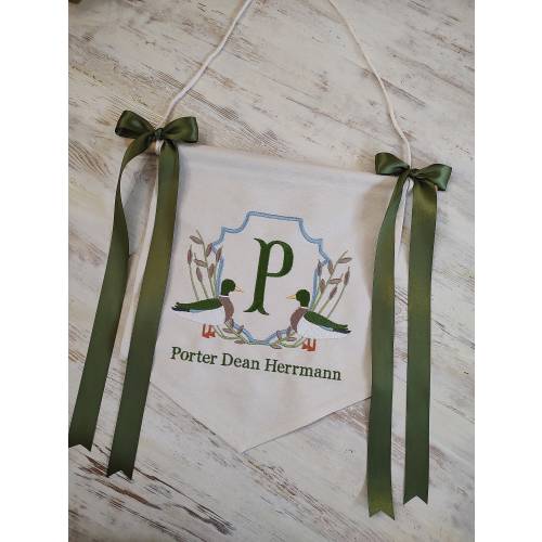 Mallard baby banner, embroidered baby announcement, nursery banner, monogram, hospital door hanger, baby shower decor, bassinet