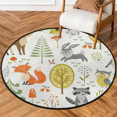 Woodland Animals Round Area Rug, 5.2' Diameter | Woodland Animal Print