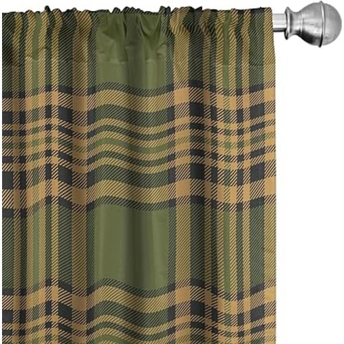 Lunarable Plaid Curtains, Tartan Pattern in Autumn Tones Old Fashioned Design Country Illustration, Window Treatments 2 Panel Set for Living Room Bedroom, Pair of - 28" x 84", Olive