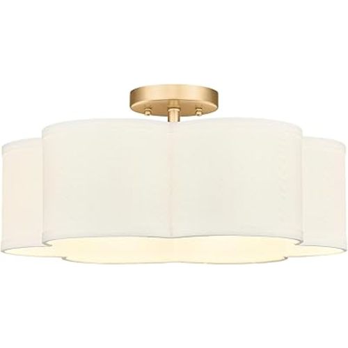 Gold Semi Flush Mount Ceiling Light, 6-Light 18Inch Ceiling Light Fixtures with Fabric Drum Shade in Flower Shape, Farmhouse Brass Ceiling Light for Nursery Bedroom Kitchen, AD-22007-6SF-GD