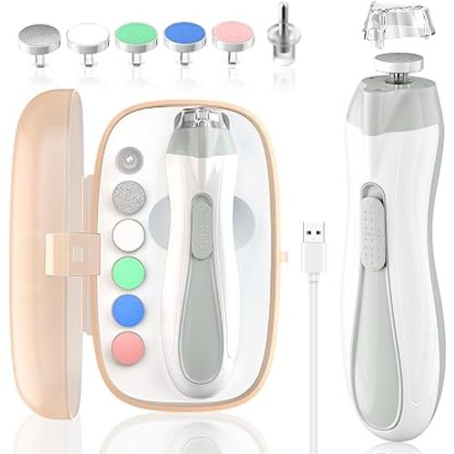 Baby Nail File Electric Baby Nail Care Set with LED Light, Baby Nail Clipper Electric for Newborn/Infants/Adults Toenails and Fingernails, 7 Grinding Head Replacement Pads, Grey