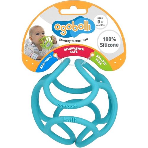 OgoBolli Teether Ring Tactile Sensory Ball Toy for Babies & Toddlers - Stretchy, Squishy, Soft, Non-Toxic Silicone - Boys and Girls Age 6+ Months - Blue