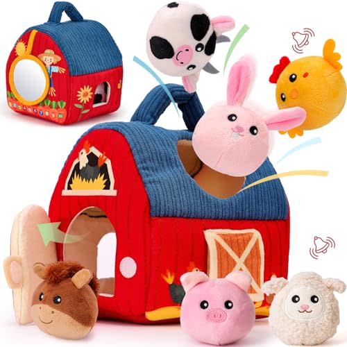 hahaland Baby Toys 6-12 Months - Surprise Barn with Stuffed Farm Animals, Rattle, Crinkle Paper, Mirror - Montessori Toys for Babies, Sensory Balls for Toddlers 1-3 - 1 Year Old Developmental Toy Gift