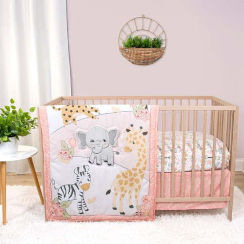 The Peanutshell Floral Safari 3-Piece Crib Bedding Set in Pink and Grey for Baby Girls