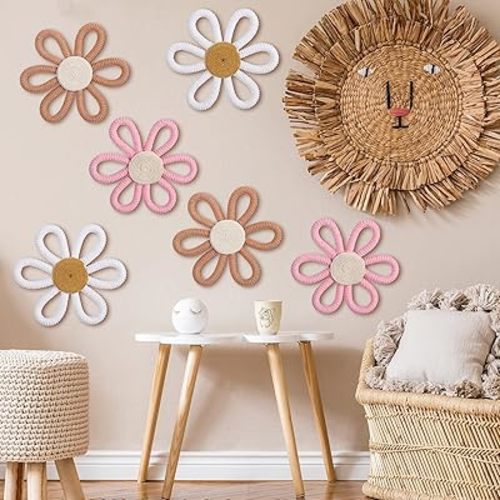 Zeyune 6 Pcs Boho Daisy Flower Wall Art Decor Boho Nursery Wall Art Decor Daisy Flower Woven Macrame Wall Hanging for Home Indoor Decorations(Classic Color,Yarn and Cotton Rope)