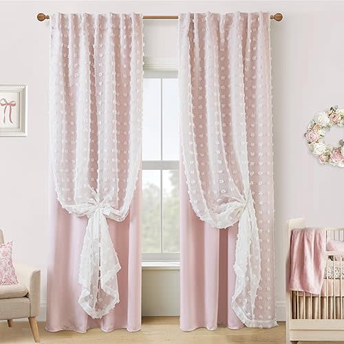 Pink Blackout Curtains for Bedroom Nursery 84 Inch Length 2 Panels Set,White Sheer Overlay Pom Pom Ruffle Cute Coquette Aesthetic Room Decor for Teen Girls