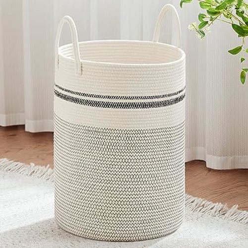 VIPOSCO Large Laundry Hamper, Tall Woven Rope Storage Basket for Blanket, Toys, Dirty Clothes in Living Room, Bathroom, Bedroom - 100L Stripe White