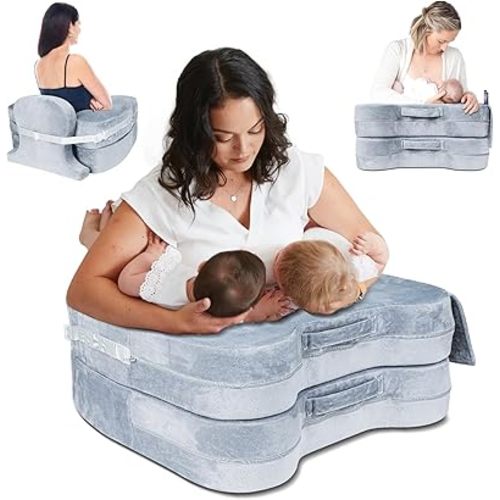 Nursing & Lounge Pillow for Twins, Breastfeeding Pillow Plus Size for Baby with Back Support and Adjustable Height, Multifunctional Baby Breast Feeding Pillow for Twin 0-12 Months - Grey