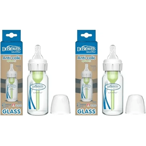 Dr. Brown's Natural Flow Anti-Colic Options+ Narrow Glass Baby Bottle, 4 oz/120 mL, with Level 1 Slow Flow Nipple, 2 Pack, 0m+