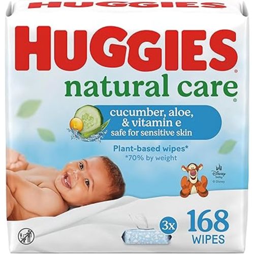 Huggies Natural Care Cucumber, Aloe and Vitamin E Baby Wipes, Hypoallergenic, Scented, 3 Flip-Top Packs (168 Wipes Total), Packaging May Vary