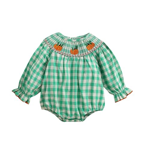 Newborn Baby Girl Halloween Romper Plaid Pumpkin Embroidery Long Puff Sleeve Smocked Romper Cotton Linen Fall Bodysuit