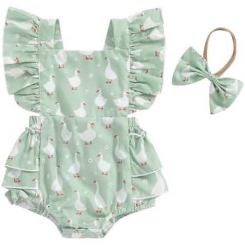 Newborn Western Clothes Chicken/Goose/Duck Print Romper Ruffle Sleeveless Bodysuit with Headband Baby Farm Outfit