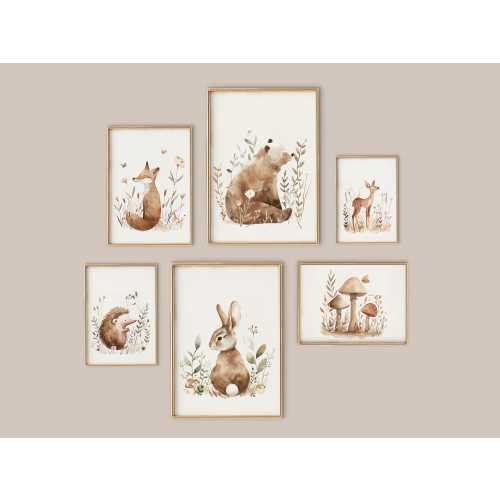 Woodland Nursery Prints Set of 6 | Gender Neutral Gallery Wall Art, Forest Animal Digital Prints | Boho Woodlands Kids Room Decor