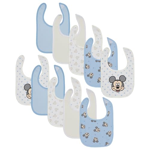 Disney 10-Pack Mickey Mouse Baby Bibs – Ten Soft, Absorbent, and Adjustable Cotton Bibs for Mess Free Meals