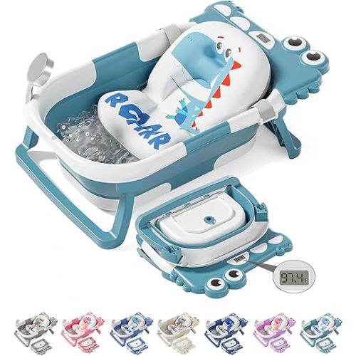 TPN Collapsible Baby Bathtub, Baby Bath Tub with Soft Cushion & Real-Time Thermometer, Baby Bathtub Infant to Toddler Tub (0-36 Months), Portable Newborn Travel Bath tub