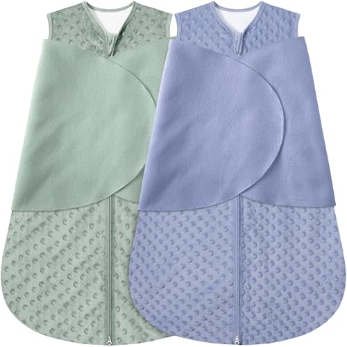Fleece Newborn Sleep Sack Baby Swaddle,3-Way Adjustable Wearable Blanket,2 Pack Fleece Swaddling Sleeping Bag TOG 2.0 (Blue&Green, 3-6 Months)