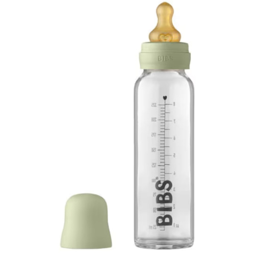 BIBS Baby Glass Bottle Complete Set 110 ml | BPA Free Natural Rubber | Made in Denmark | Sage