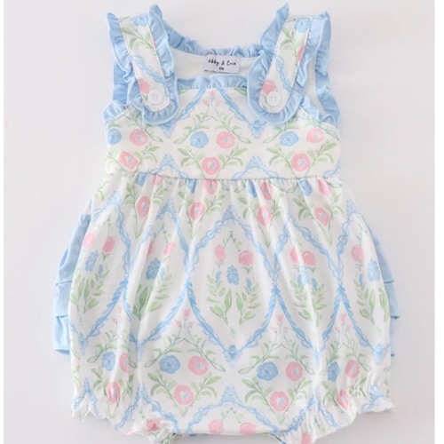 Pink blue floral print smocked girl bubble – HoneyBean