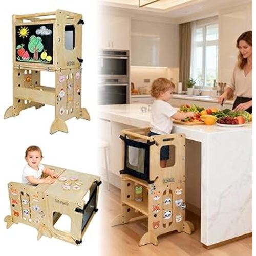 Toddler Kitchen Stool Helper, CPC Certified Foldable Toddler Tower, Learning Wooden Tower with Support Feet and Chalkboard, Anti-Drop Structure, Safe Design for Kids, Natural