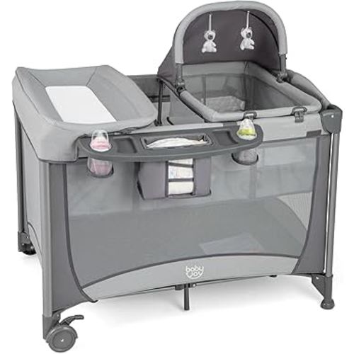 BABY JOY 4 in 1 Pack and Play, Portable Baby Playard with Bassinet & Diaper Changing Table, Infant Bassinet Baby Crib Activity Center with Toys & Oxford Bag from Newborn to Toddlers (Grey, Classic)