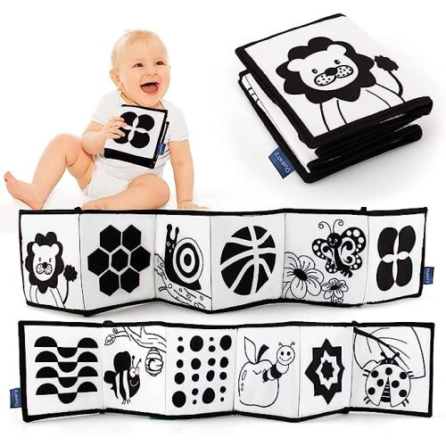 KaPing My First Black and White High Contrast Soft Book , Infant Tummy Time Toys, Black and White Baby Cards, Folding Educational Activity Cloth Book Suitable for Boys Girls Toddler