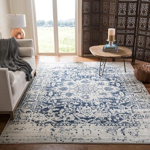 SAFAVIEH Madison Collection Area Rug - 8' x 10', Cream & Navy, Snowflake Medallion Distressed Design, Non-Shedding & Easy Care, Ideal for High Traffic Areas in Living Room, Bedroom (MAD603D)