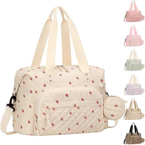 Tenot Corduroy Diaper Bag Tote, Baby Bag Travel Diaper Tote Bag with Pacifier Case, Large Baby Diaper Bags for Women, Ctue Diaper Bags For Baby Girl Boy Mom Maternity Hospital Bag, Beige Strawberry