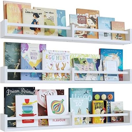 White Nursery Bookshelves,32Inch, Floating Nursery Shelves - Set of 3 - Book Shelf Organizer for Baby Nursery Room Decor, Wall Shelves for Kitchen Spice Rack, Pine